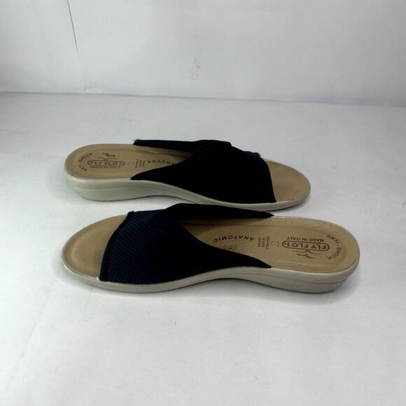 Fly Flot Italian Navy Blue Comfy Tan Wedge Slide Sandals Slip Ons Mesh Womens - Picture 8 of 8